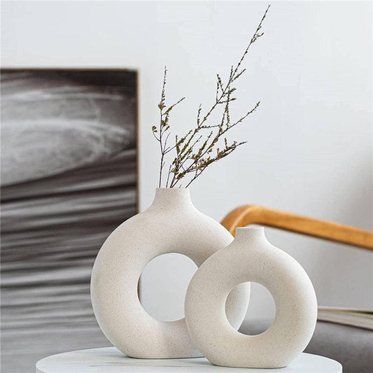 Beige Ceramic Hollow Donut Vase