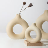 Beige Ceramic Hollow Donut Vase